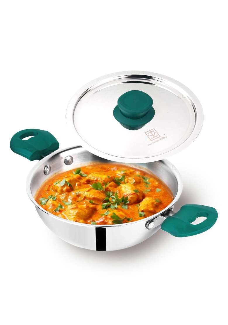 The Indus Valley Triply Stainless Steel Kadai Wok Kadhai with Steel Lid | 3 L | 3.2 Qt | 24 cm | 9.4 Inch | Non-Toxic | Non-Stick - Indya