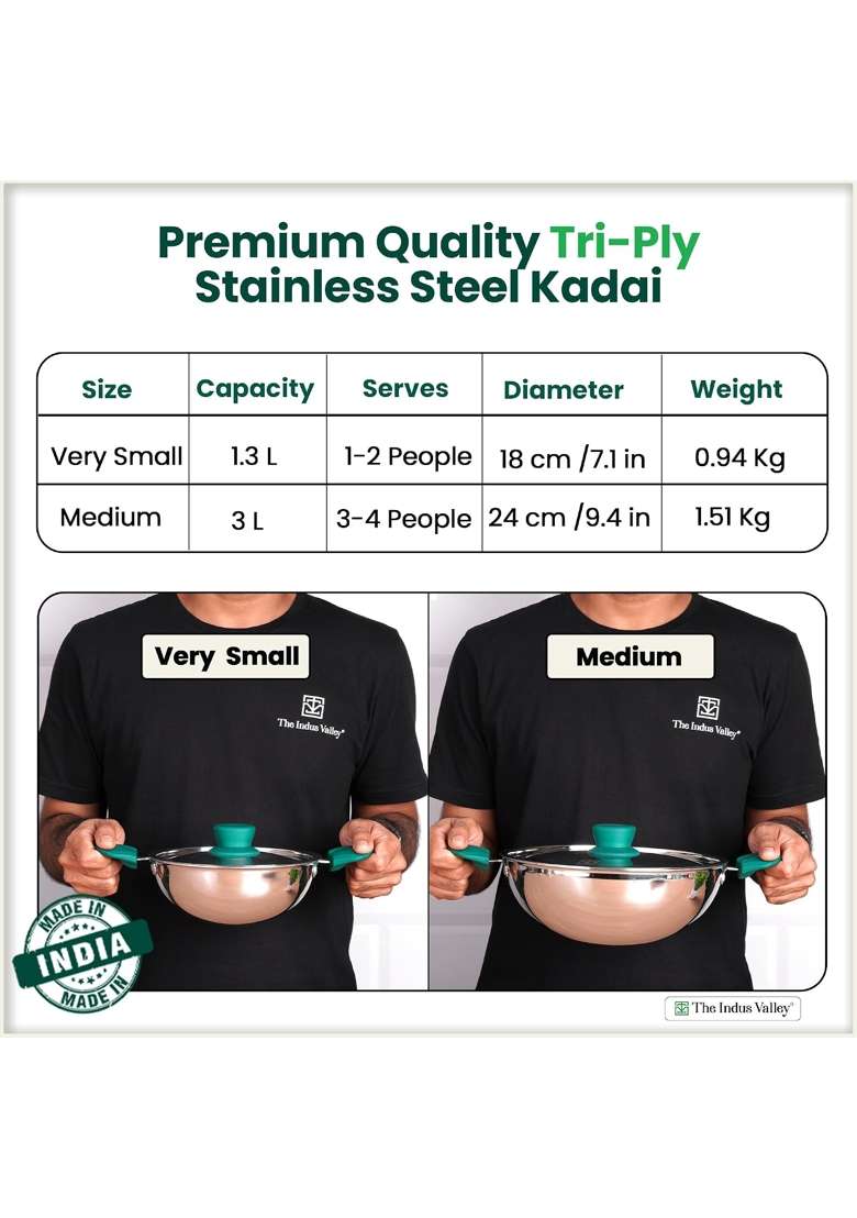 The Indus Valley Triply Stainless Steel Kadai Wok Kadhai with Steel Lid | 3 L | 3.2 Qt | 24 cm | 9.4 Inch | Non-Toxic | Non-Stick - Indya