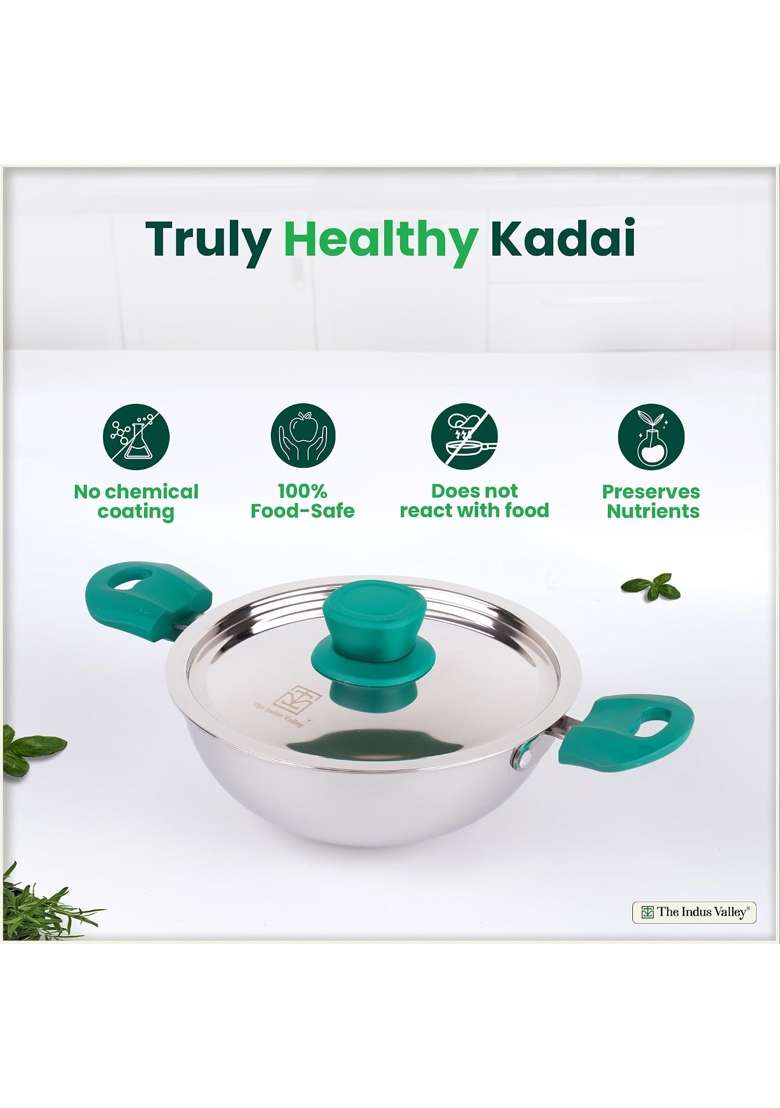 The Indus Valley Triply Stainless Steel Kadai Wok Kadhai with Steel Lid | 3 L | 3.2 Qt | 24 cm | 9.4 Inch | Non-Toxic | Non-Stick - Indya