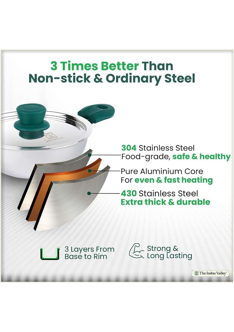 The Indus Valley Triply Stainless Steel Kadai Wok Kadhai with Steel Lid | 3 L | 3.2 Qt | 24 cm | 9.4 Inch | Non-Toxic | Non-Stick - Indya