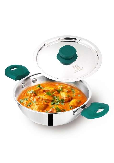 The Indus Valley Triply Stainless Steel Kadai Wok Kadhai with Steel Lid | 3 L | 3.2 Qt | 24 cm | 9.4 Inch | Non-Toxic | Non-Stick