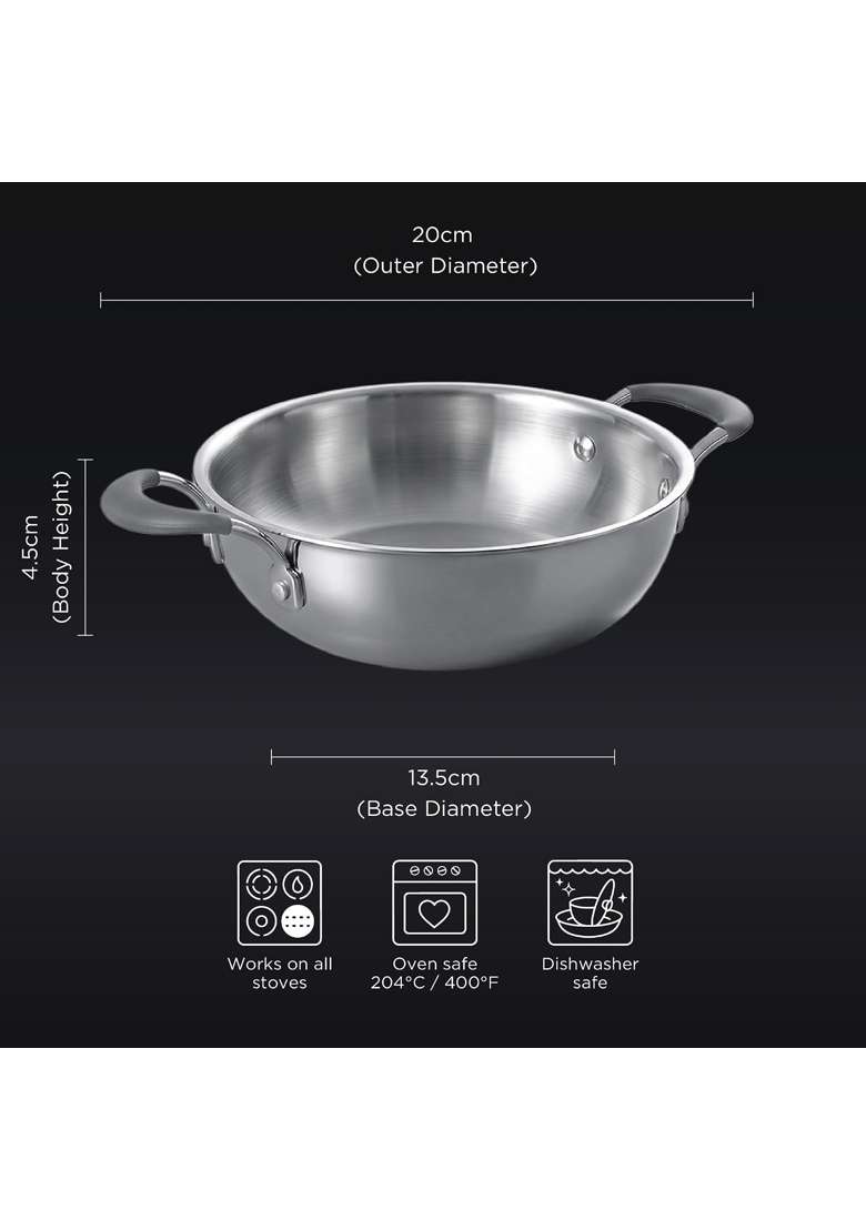Meyer Trivantage Pro Stainless Steel Triply Kadai Wok | 1.8 L | 1.9 Qt | 20 cm | 7.9 Inch | Induction Compatible | With Lid - Indya