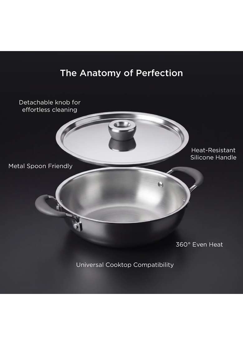 Meyer Trivantage Pro Stainless Steel Triply Kadai Wok | 1.8 L | 1.9 Qt | 20 cm | 7.9 Inch | Induction Compatible | With Lid - Indya