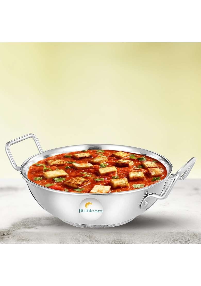FLIXBLOOM Stainless Steel Heavy Duty Induction Base Kadhai Wok Kadai for Cooking and Serving | 2 L | 2.1 Qt - Indya