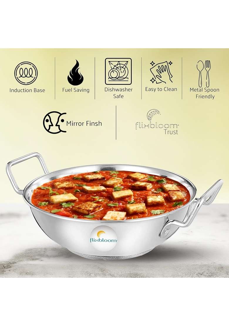 FLIXBLOOM Stainless Steel Heavy Duty Induction Base Kadhai Wok Kadai for Cooking and Serving | 2 L | 2.1 Qt - Indya