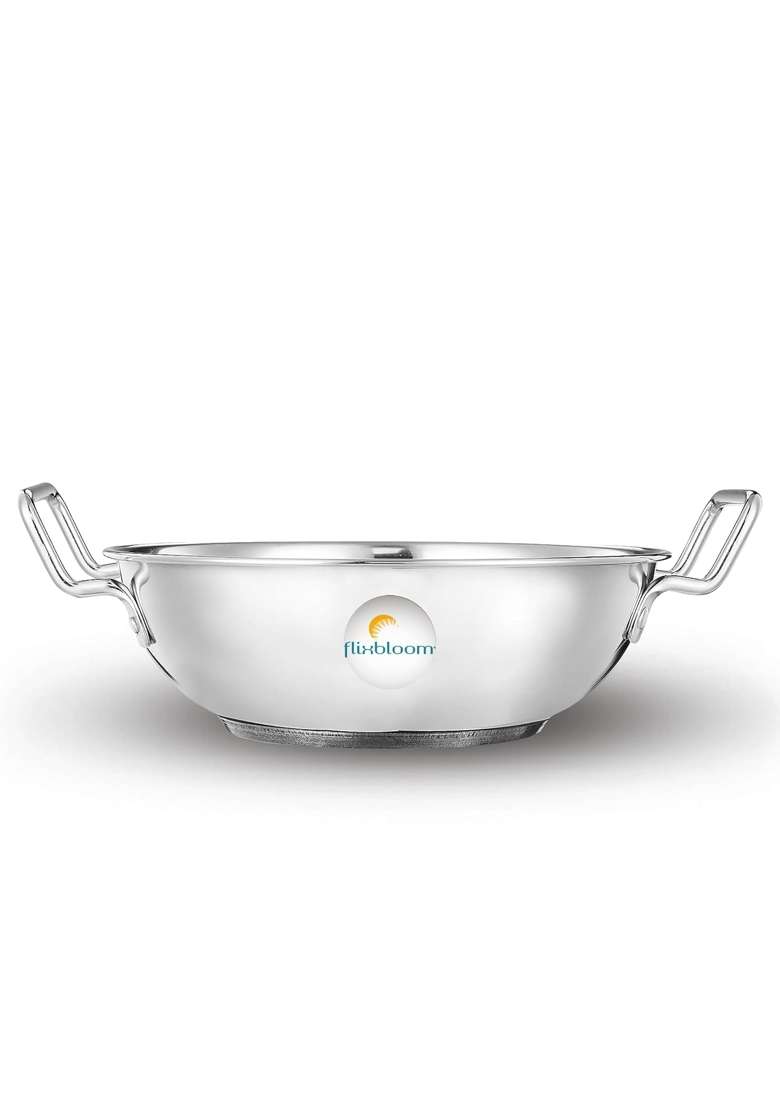 FLIXBLOOM Stainless Steel Heavy Duty Induction Base Kadhai Wok Kadai for Cooking and Serving | 2 L | 2.1 Qt - Indya