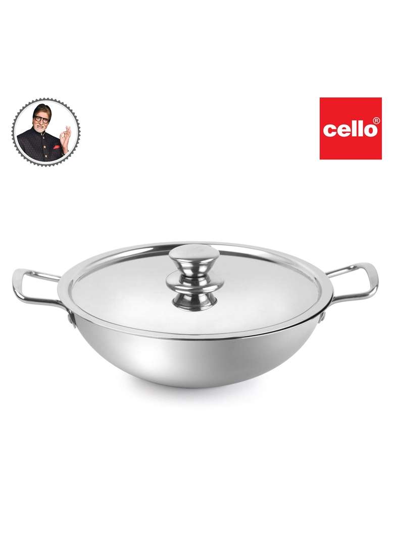 CELLO Steelox Premia Stainless Steel Kadhai Wok with SS Lid | 1.5 L | 1.6 Qt | 22 cm | 8.7 Inch - Indya