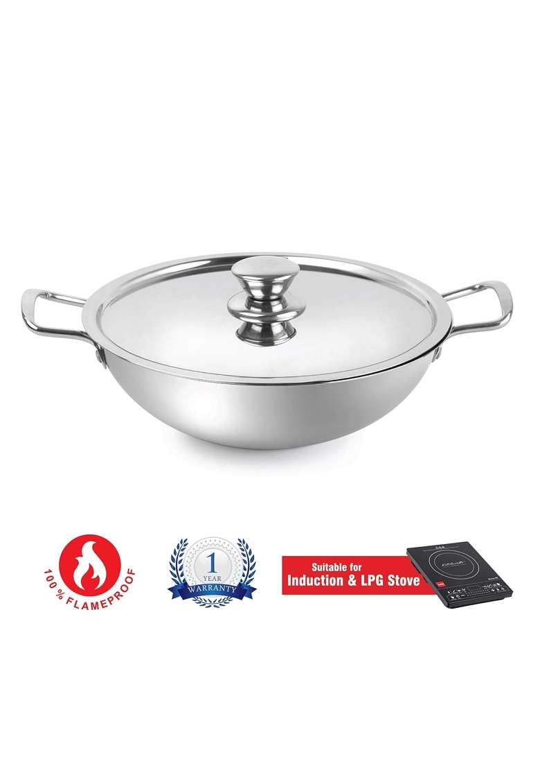 CELLO Steelox Premia Stainless Steel Kadhai Wok with SS Lid | 1.5 L | 1.6 Qt | 22 cm | 8.7 Inch - Indya