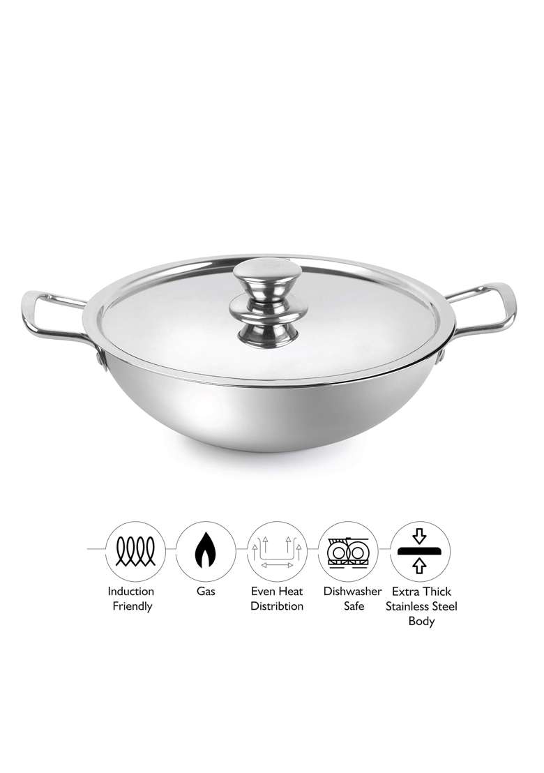 CELLO Steelox Premia Stainless Steel Kadhai Wok with SS Lid | 1.5 L | 1.6 Qt | 22 cm | 8.7 Inch - Indya