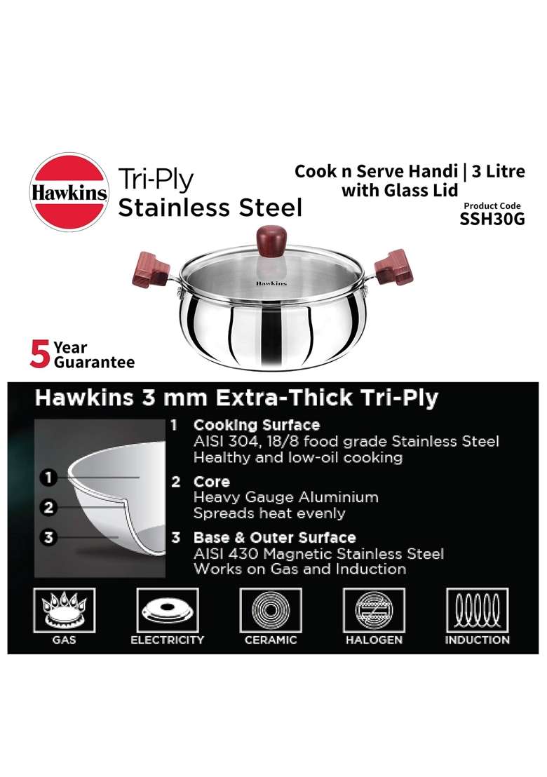 Hawkins Cook N Serve Handi Cooking Pot | 3 L | 3.2 Qt | Induction Compatible | Tri-Ply | With Lid - Indya