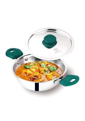 The Indus Valley Triply Stainless Steel Kadai Wok Kadhai with Green Handle | 3.5 L | 3.7 Qt | 26 cm | 10.2 Inch | Induction Compatible