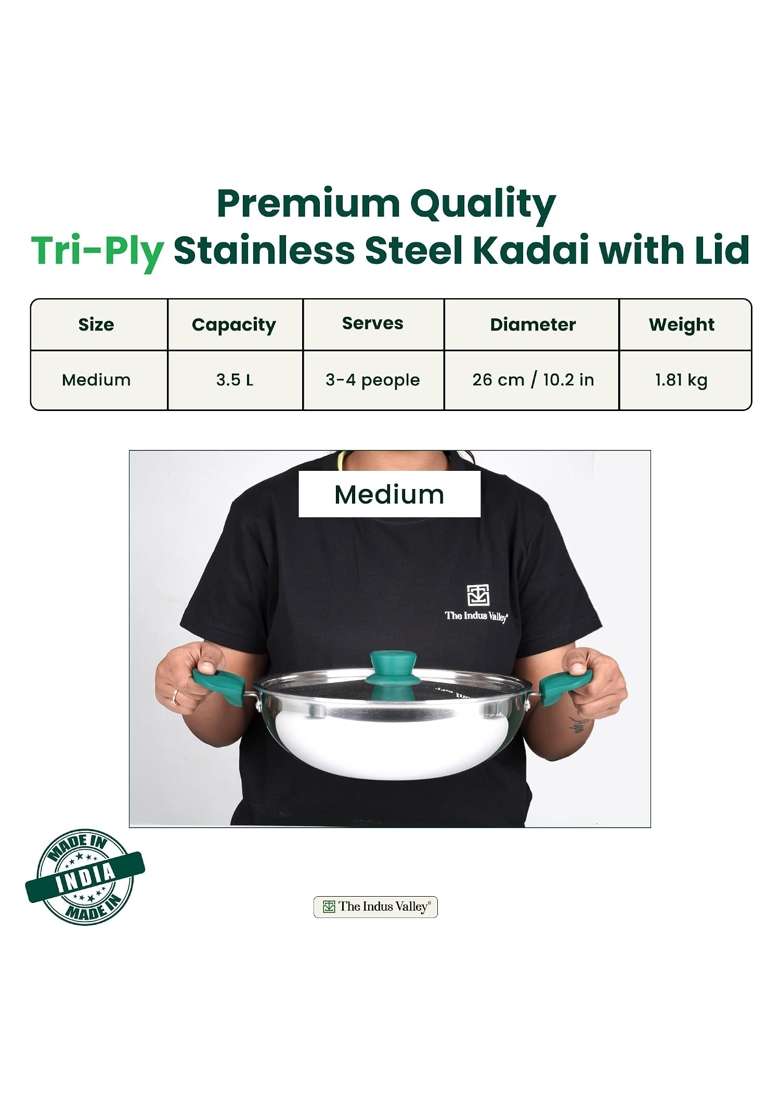 The Indus Valley Triply Stainless Steel Kadai Wok Kadhai with Green Handle | 3.5 L | 3.7 Qt | 26 cm | 10.2 Inch | Induction Compatible - Indya