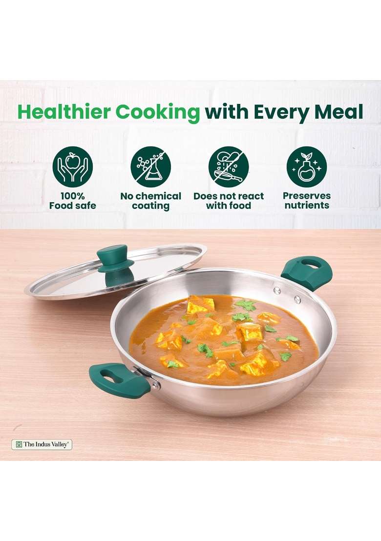 The Indus Valley Triply Stainless Steel Kadai Wok Kadhai with Green Handle | 3.5 L | 3.7 Qt | 26 cm | 10.2 Inch | Induction Compatible - Indya