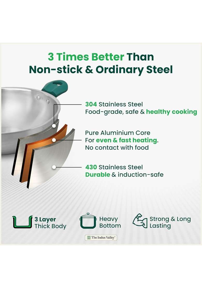 The Indus Valley Triply Stainless Steel Kadai Wok Kadhai with Green Handle | 3.5 L | 3.7 Qt | 26 cm | 10.2 Inch | Induction Compatible - Indya