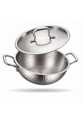 ZENSIL Lumora Hammered Triply Stainless Steel Kadhai Wok with Lid | 3.5 L | 3.7 Qt | 26 cm | 10.2 Inch | Induction Compatible | Heavy Bottom