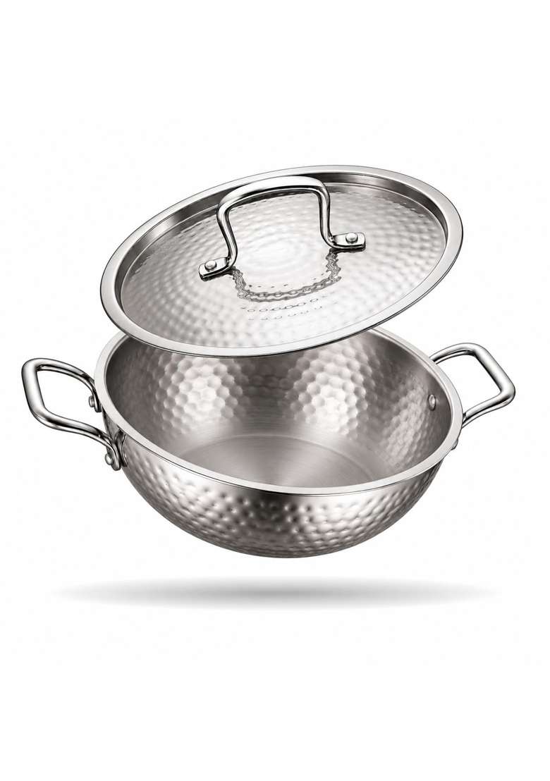 ZENSIL Lumora Hammered Triply Stainless Steel Kadhai Wok with Lid | 3.5 L | 3.7 Qt | 26 cm | 10.2 Inch | Induction Compatible | Heavy Bottom - Indya