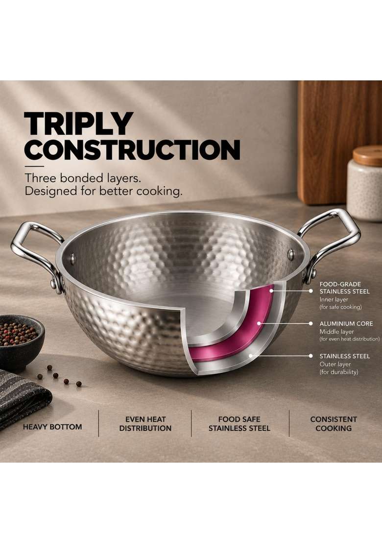 ZENSIL Lumora Hammered Triply Stainless Steel Kadhai Wok with Lid | 3.5 L | 3.7 Qt | 26 cm | 10.2 Inch | Induction Compatible | Heavy Bottom - Indya