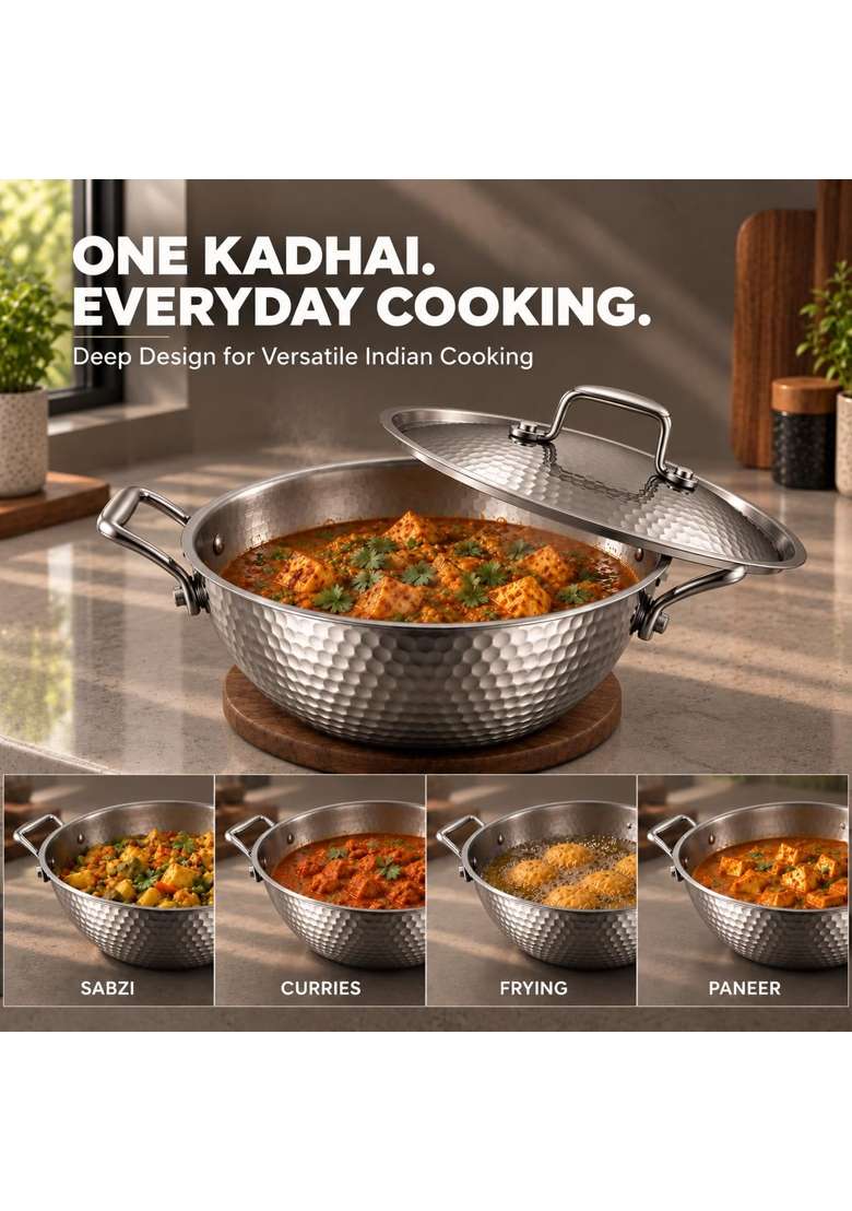 ZENSIL Lumora Hammered Triply Stainless Steel Kadhai Wok with Lid | 3.5 L | 3.7 Qt | 26 cm | 10.2 Inch | Induction Compatible | Heavy Bottom - Indya