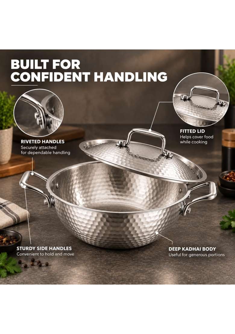 ZENSIL Lumora Hammered Triply Stainless Steel Kadhai Wok with Lid | 3.5 L | 3.7 Qt | 26 cm | 10.2 Inch | Induction Compatible | Heavy Bottom - Indya