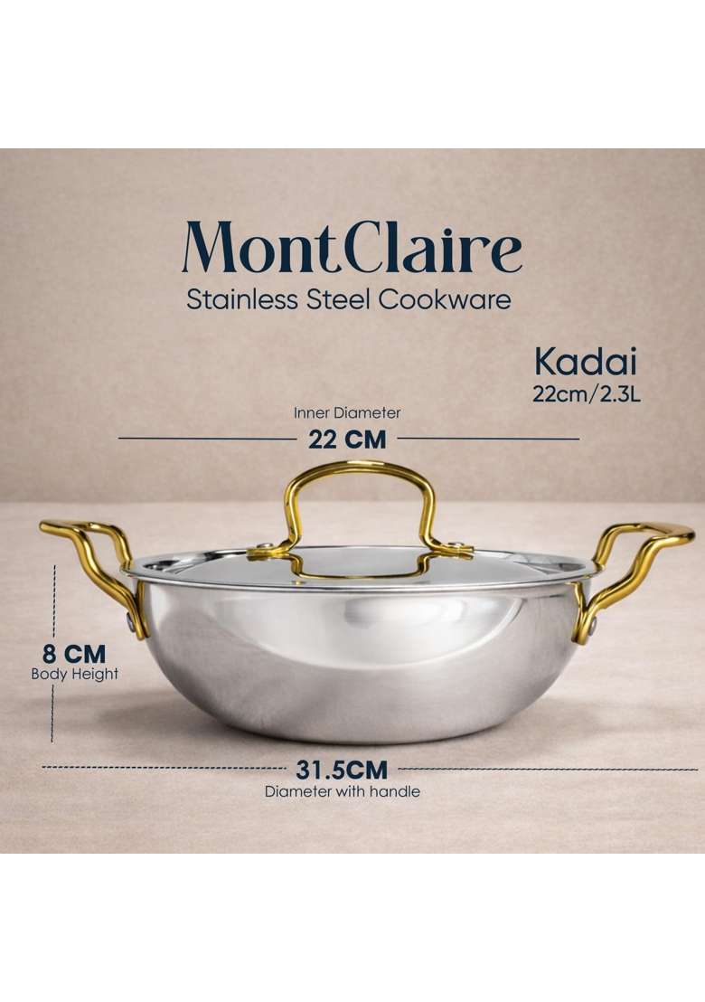 SOLARA MontClaire Premium Triply Stainless Steel Kadai Wok Kadhai for Cooking with Golden | 2.3 L | 2.4 Qt | 22 cm | 8.7 Inch - Indya