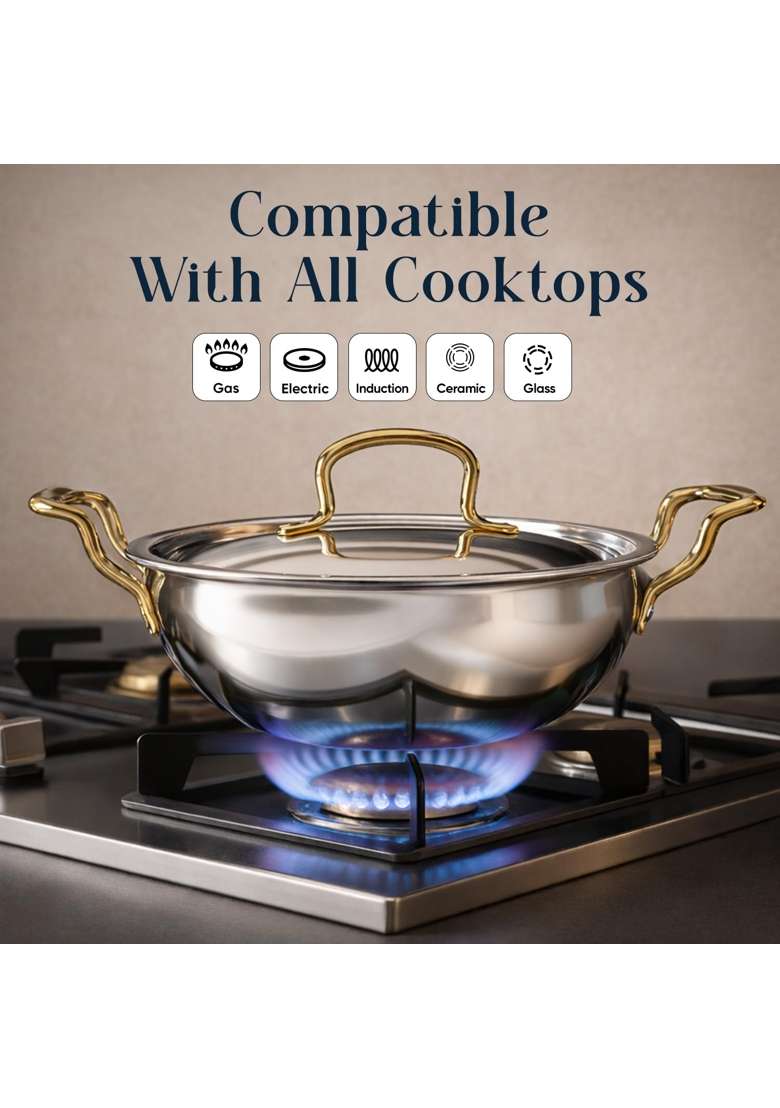 SOLARA MontClaire Premium Triply Stainless Steel Kadai Wok Kadhai for Cooking with Golden | 2.3 L | 2.4 Qt | 22 cm | 8.7 Inch - Indya