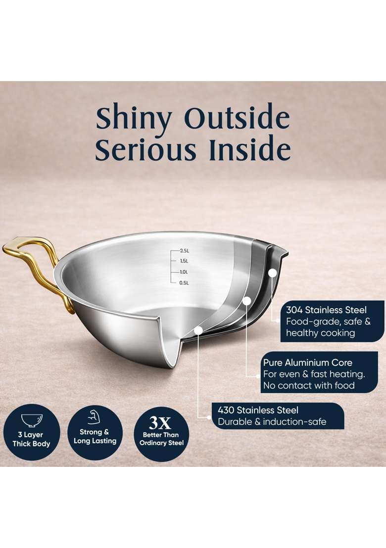 SOLARA MontClaire Premium Triply Stainless Steel Kadai Wok Kadhai for Cooking with Golden | 2.3 L | 2.4 Qt | 22 cm | 8.7 Inch - Indya