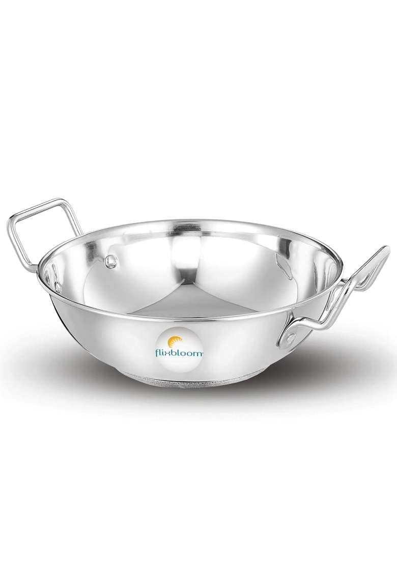 FLIXBLOOM Select Stainless Steel Heavy Duty Induction Base Kadhai Wok Kadai for Cooking | 2.5 L | 2.6 Qt - Indya