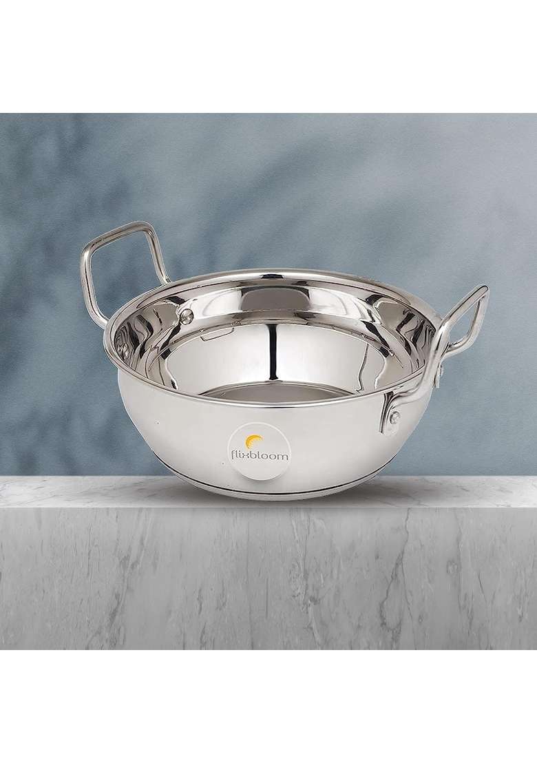 FLIXBLOOM Select Stainless Steel Heavy Duty Induction Base Kadhai Wok Kadai for Cooking | 2.5 L | 2.6 Qt - Indya