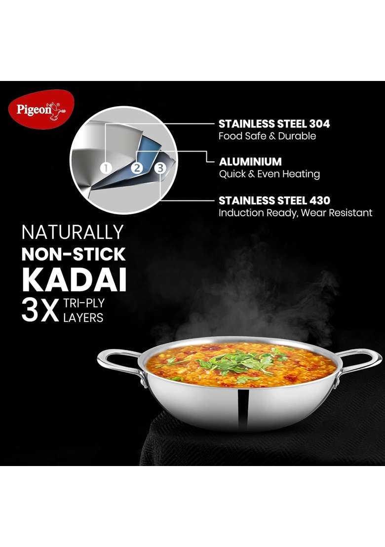 Pigeon Elite Stainless Steel Triply Kadhai Wok | 20 cm | 7.9 Inch | Induction Compatible - Indya