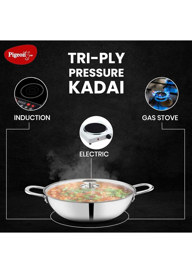 Pigeon Elite Stainless Steel Triply Kadhai Wok | 20 cm | 7.9 Inch | Induction Compatible - Indya