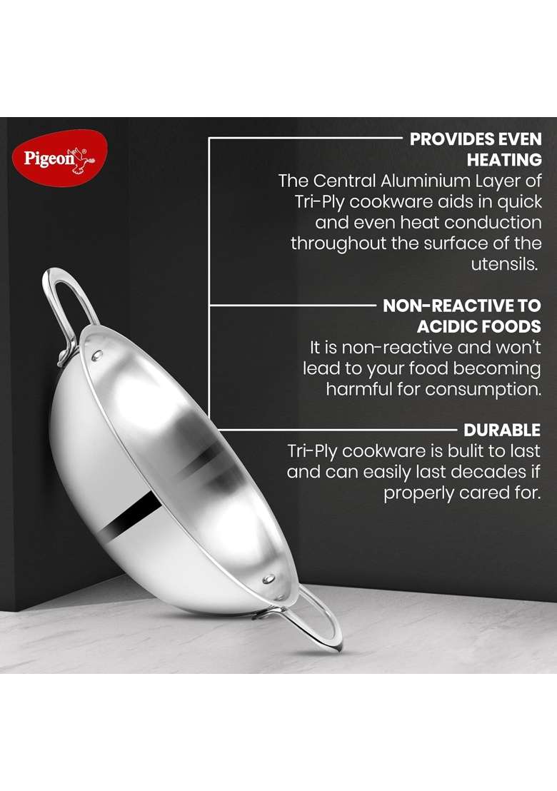 Pigeon Elite Stainless Steel Triply Kadhai Wok | 20 cm | 7.9 Inch | Induction Compatible - Indya