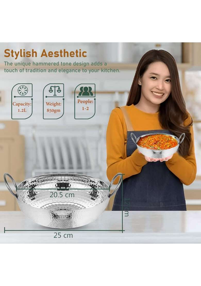 Parage Stainless Steel Hammered Kadhai Wok with Heavy Bottom for Kitchen Utensils | 1.2 L | 1.3 Qt - Indya