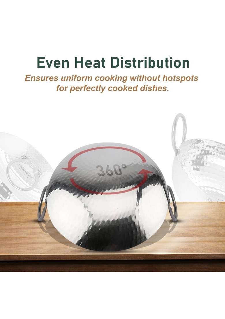 Parage Stainless Steel Hammered Kadhai Wok with Heavy Bottom for Kitchen Utensils | 1.2 L | 1.3 Qt - Indya