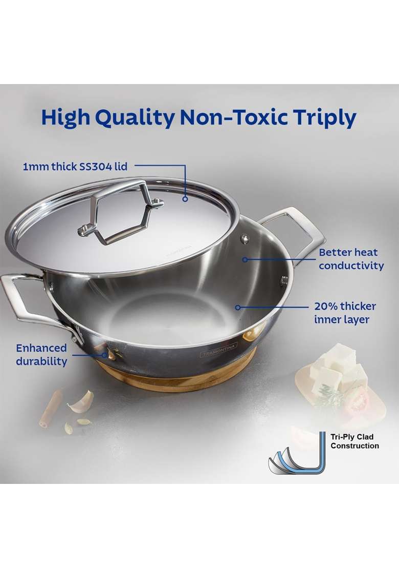 TRAMONTINA Aeion Triply Stainless Steel Kadai Wok with Lid | 1.2 L | 1.3 Qt | 18 cm | 7.1 Inch - Indya