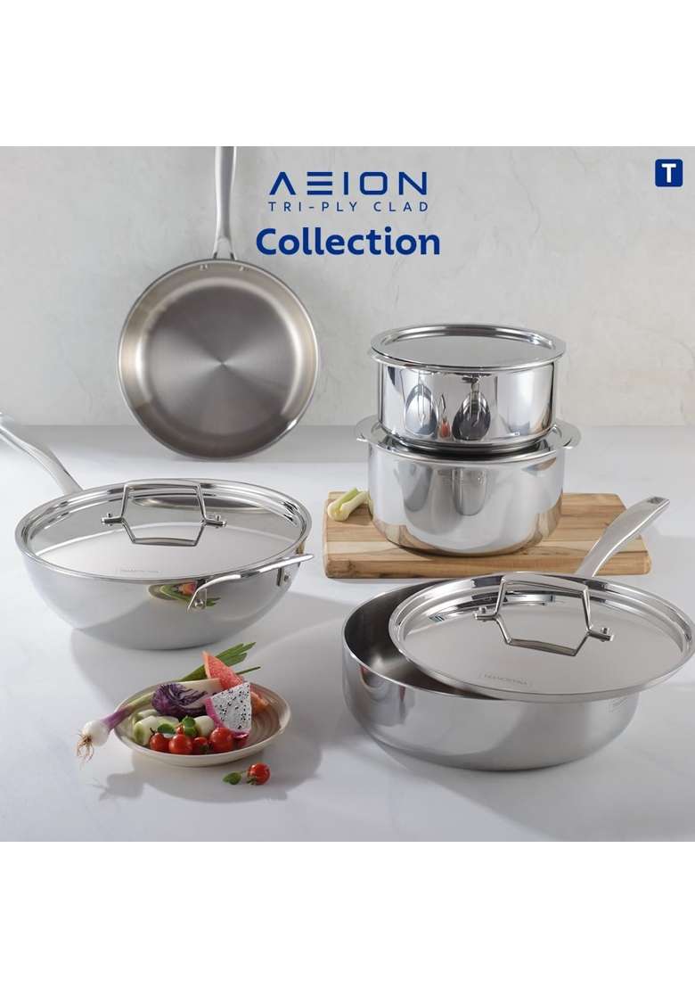 TRAMONTINA Aeion Triply Stainless Steel Kadai Wok with Lid | 1.2 L | 1.3 Qt | 18 cm | 7.1 Inch - Indya