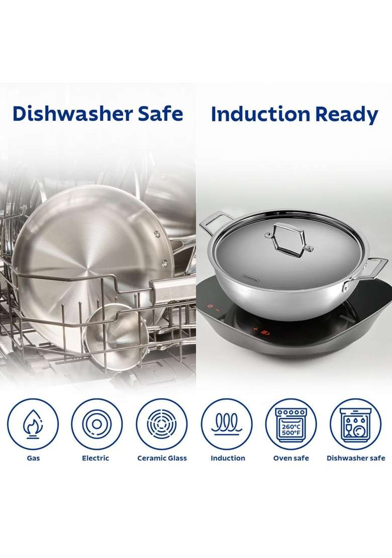TRAMONTINA Aeion Triply Stainless Steel Kadai Wok with Lid | 1.2 L | 1.3 Qt | 18 cm | 7.1 Inch - Indya