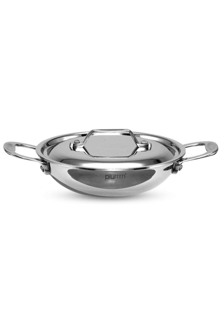 PLUMM Get Kadhai Wok Stainless Steel Kadai with Lid | 5 L | 5.3 Qt | 28 cm | 11 Inch | Induction Compatible | Tri-Ply - Indya