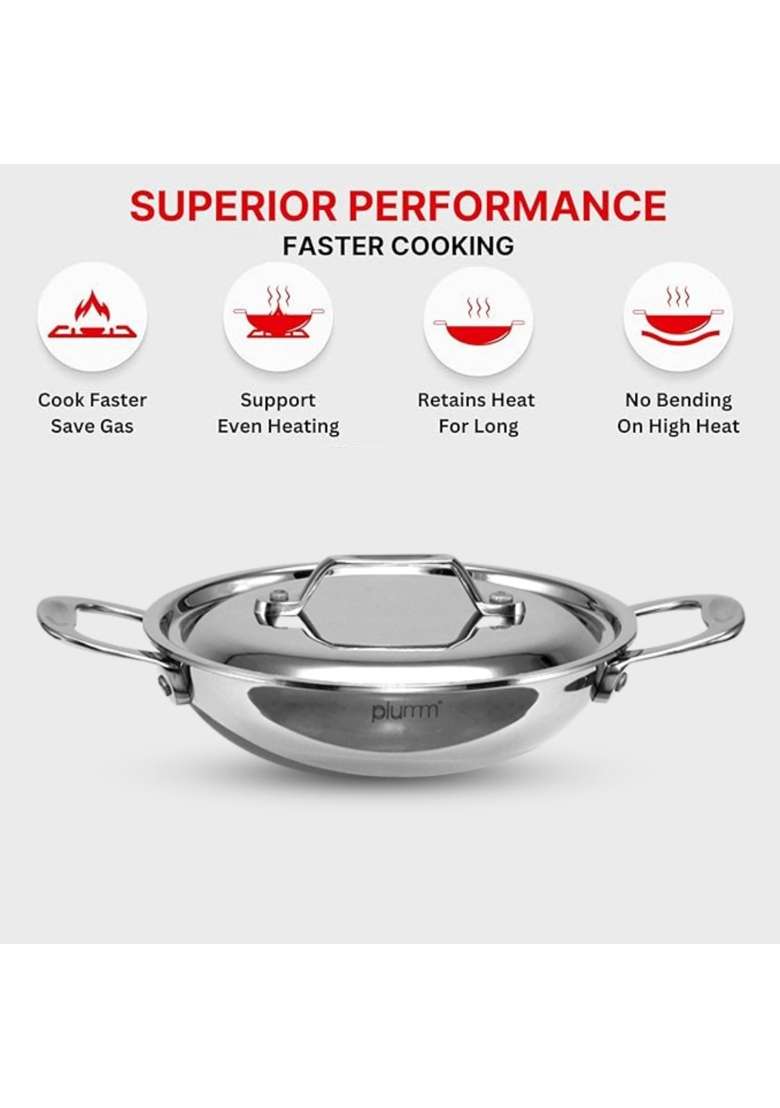 PLUMM Get Kadhai Wok Stainless Steel Kadai with Lid | 5 L | 5.3 Qt | 28 cm | 11 Inch | Induction Compatible | Tri-Ply - Indya