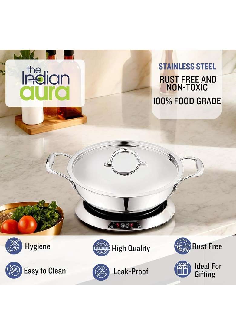 The Indian Aura Kadai with Lid Kitchen Kadhai Nonstick | 3.5 L | 3.7 Qt | 26 cm | 10.2 Inch | Induction Compatible | Heavy Bottom - Indya