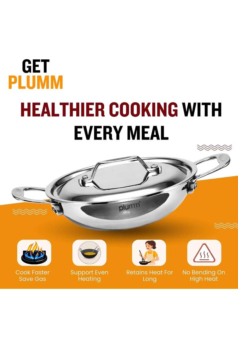 PLUMM Get Triply Stainless Steel Extra Deep Kadai Wok with Lid | 5 L | 5.3 Qt | 28 cm | 11 Inch | Induction Compatible | Heavy Bottom - Indya