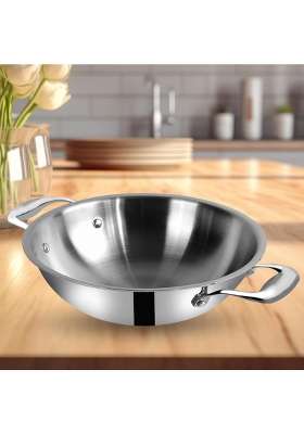 FLIXBLOOM Chef TriPlus Stainless Steel Kitchen Cookware Triply Kadai Wok Induction Base Kadhai | 2 L | 2.1 Qt