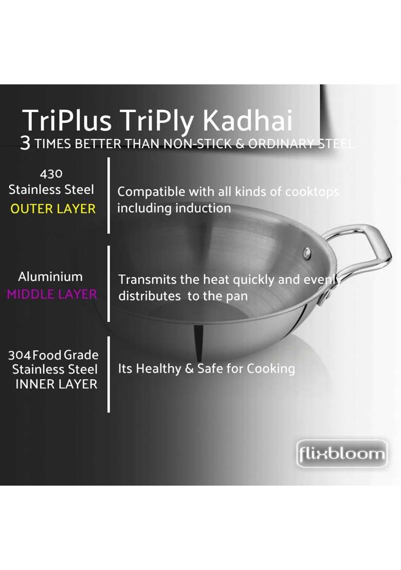 FLIXBLOOM Chef TriPlus Stainless Steel Kitchen Cookware Triply Kadai Wok Induction Base Kadhai | 2 L | 2.1 Qt - Indya
