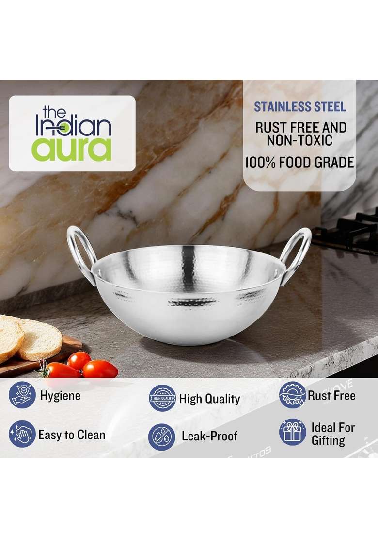 The Indian Aura Hammered Kadhai Without Lid | 0.5 L | 0.5 Qt | 14.5 cm | 5.7 Inch | Induction Compatible - Indya