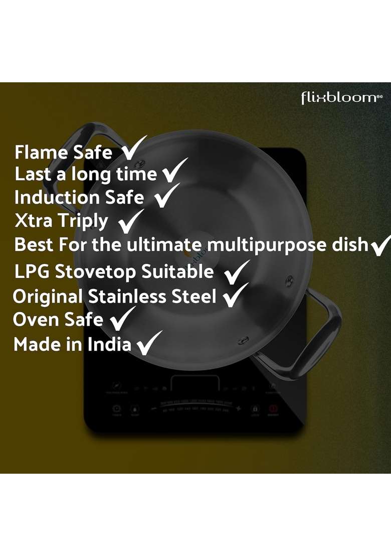 FLIXBLOOM Mastership TriPlus Stainless Steel Triply Kitchen Cookware Kadai Induction Base | 2 L | 2.1 Qt - Indya