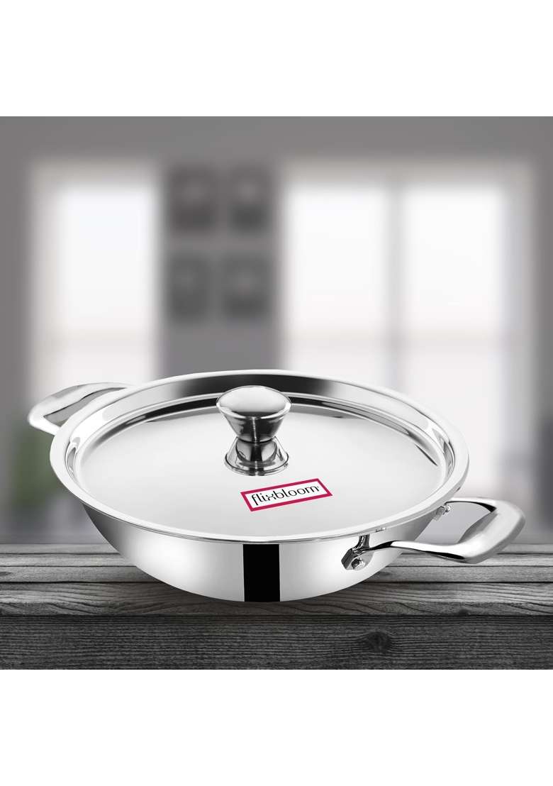 FLIXBLOOM Complete Kitchen Tri-Ply Stainless Steel Cookware Induction Base LPG Compatible | 2 L | 2.1 Qt | With Lid - Indya
