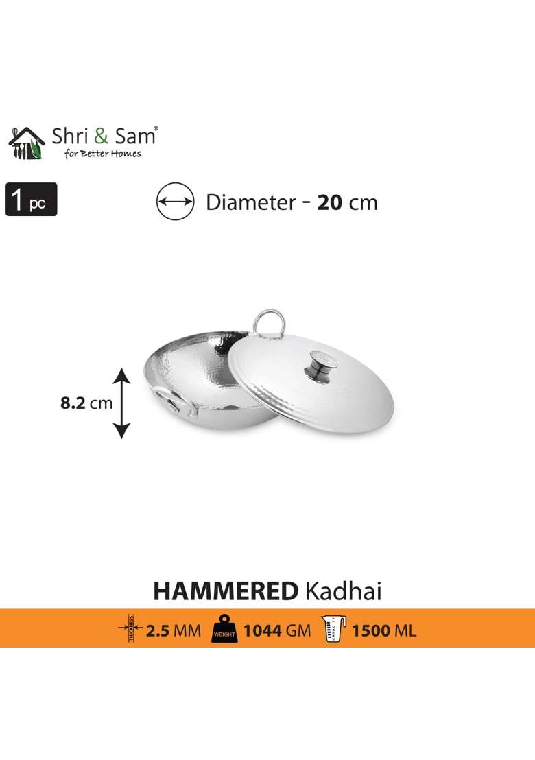 Shri and Sam Stainless Steel Triply Deep Pro Light Weight Hammered Kadhai Wok with Lid | 1.5 L | 1.6 Qt | 20 cm | 7.9 Inch - Indya