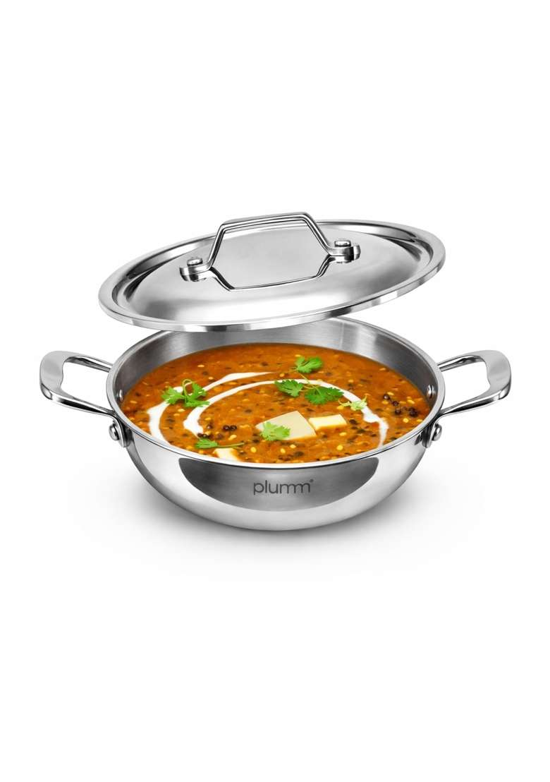PLUMM Get Triply Stainless Steel Extra Deep Kadai Wok with Lid | 5 L | 5.3 Qt | 28 cm | 11 Inch | Induction Compatible | Heavy Bottom - Indya
