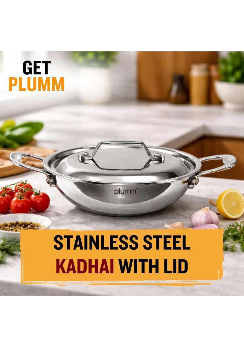 PLUMM Get Triply Stainless Steel Extra Deep Kadai Wok with Lid | 5 L | 5.3 Qt | 28 cm | 11 Inch | Induction Compatible | Heavy Bottom - Indya