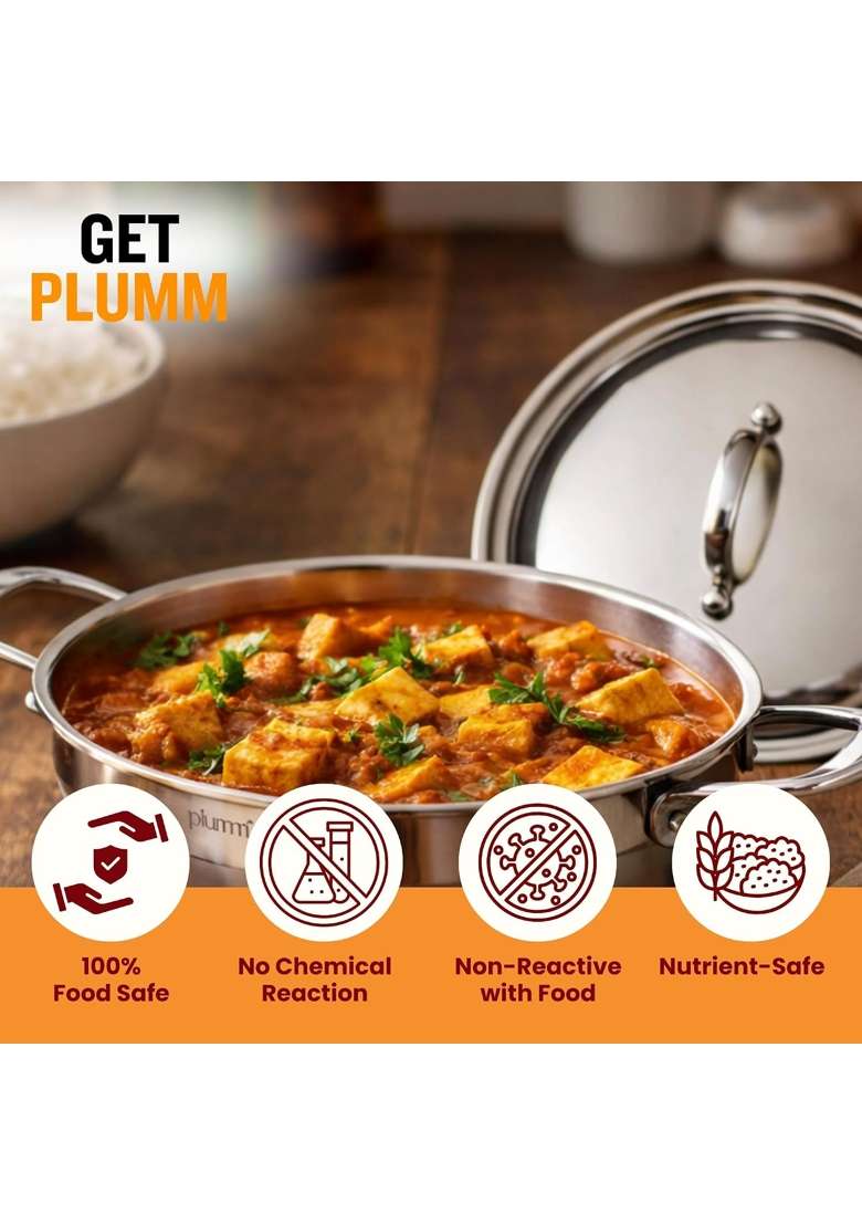 PLUMM Get Triply Stainless Steel Extra Deep Kadai Wok with Lid | 5 L | 5.3 Qt | 28 cm | 11 Inch | Induction Compatible | Heavy Bottom - Indya