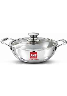 PNB Kitchenmate Triply Stainless Steel Kadai Wok | 2.5 L | 2.6 Qt | 24 cm | 9.4 Inch | Induction Compatible | With Lid